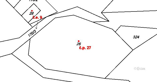 Březí 27, Čachrov na parcele st. 26 v KÚ Březí u Čachrova, Katastrální mapa