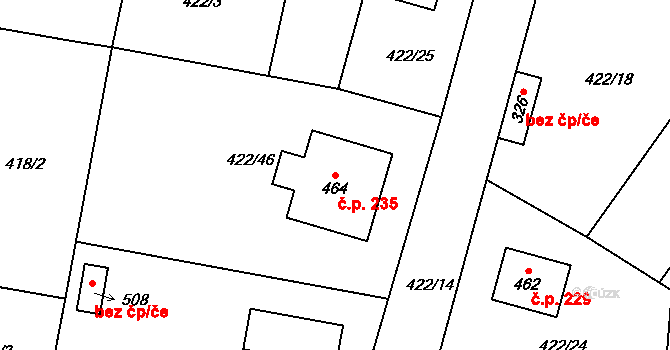 Smrkovice 235, Písek na parcele st. 464 v KÚ Smrkovice, Katastrální mapa
