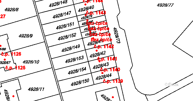 Zábřeh 1141 na parcele st. 4928/42 v KÚ Zábřeh na Moravě, Katastrální mapa