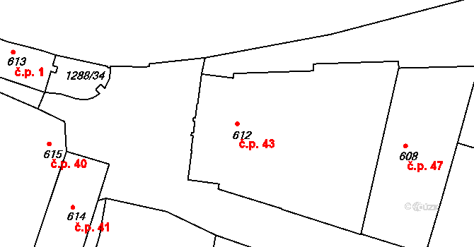 Plešivec 43, Český Krumlov na parcele st. 612 v KÚ Český Krumlov, Katastrální mapa