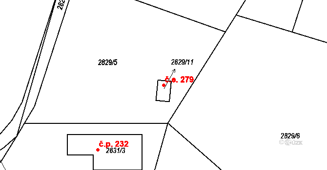 Lhota Samoty 279, Planá nad Lužnicí na parcele st. 2829/11 v KÚ Planá nad Lužnicí, Katastrální mapa