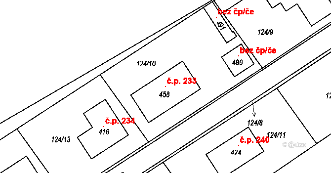Cerekvice nad Loučnou 233 na parcele st. 458 v KÚ Cerekvice nad Loučnou, Katastrální mapa