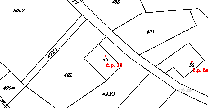 Debrné 38, Mostek na parcele st. 59 v KÚ Debrné u Mostku, Katastrální mapa