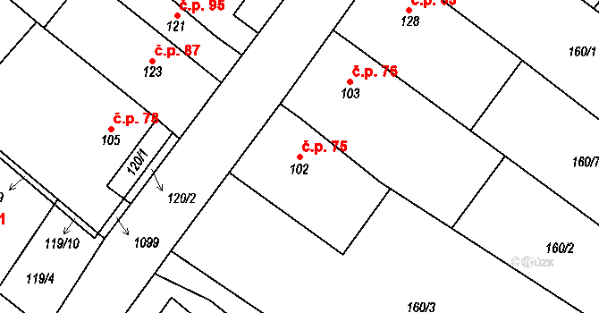 Hlinsko pod Hostýnem 75, Bystřice pod Hostýnem na parcele st. 102 v KÚ Hlinsko pod Hostýnem, Katastrální mapa