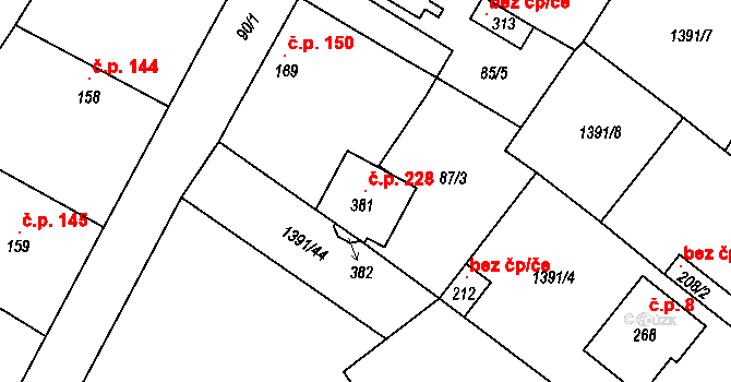 Kochánky 228 na parcele st. 381 v KÚ Kochánky, Katastrální mapa