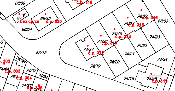 Stará Pohůrka 312, Srubec na parcele st. 74/27 v KÚ Srubec, Katastrální mapa