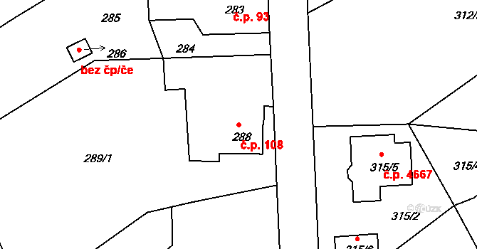 Rýnovice 108, Jablonec nad Nisou na parcele st. 288 v KÚ Rýnovice, Katastrální mapa