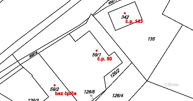 Rančířov 50 na parcele st. 59/1 v KÚ Rančířov, Katastrální mapa