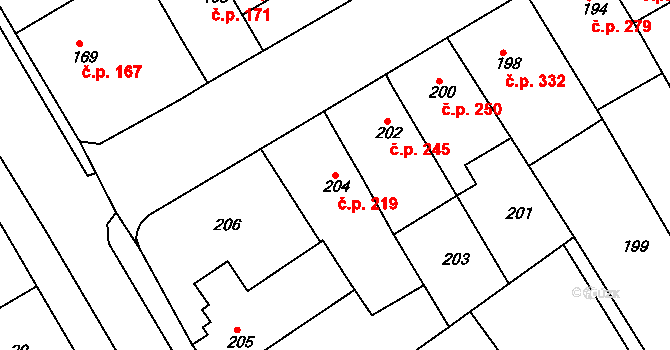 Rousínov 219 na parcele st. 204 v KÚ Rousínov u Vyškova, Katastrální mapa