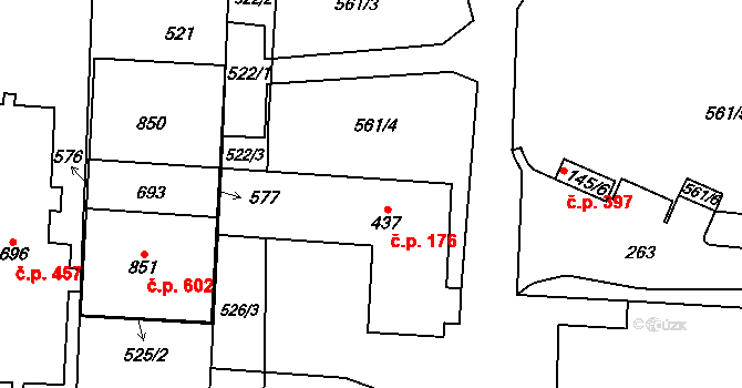 Měšice 176 na parcele st. 437 v KÚ Měšice u Prahy, Katastrální mapa