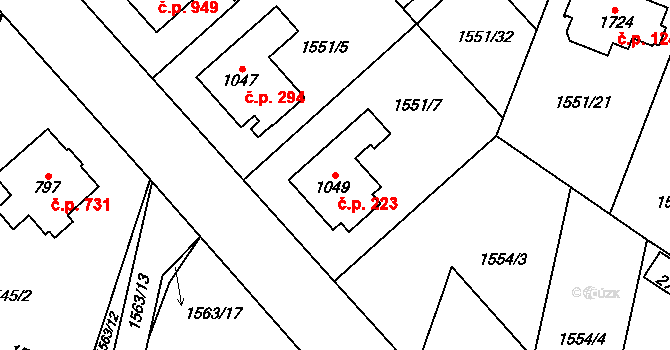 Třebechovice pod Orebem 223 na parcele st. 1049 v KÚ Třebechovice pod Orebem, Katastrální mapa
