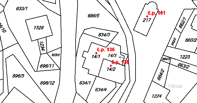 Horní Újezd 136 na parcele st. 14/1 v KÚ Horní Újezd u Litomyšle, Katastrální mapa