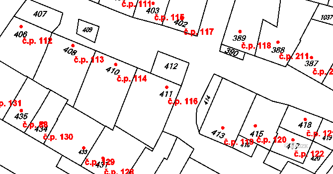 Křelov 116, Křelov-Břuchotín na parcele st. 411 v KÚ Křelov, Katastrální mapa