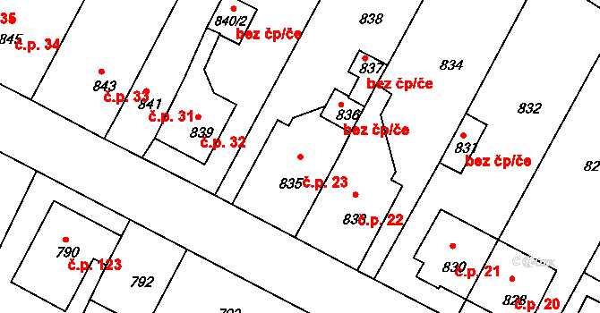 Mimoň V 23, Mimoň na parcele st. 835 v KÚ Mimoň, Katastrální mapa