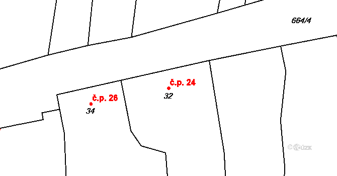 Podbradec 24, Mšené-lázně na parcele st. 32 v KÚ Podbradec, Katastrální mapa