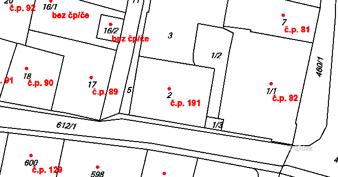 Jilemnice 191 na parcele st. 2 v KÚ Jilemnice, Katastrální mapa