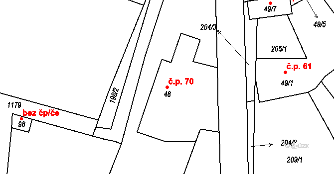 Drahenice 70 na parcele st. 48 v KÚ Drahenice, Katastrální mapa
