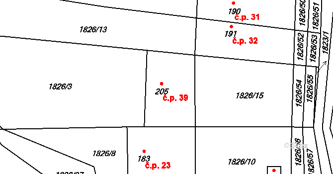 Hvězdonice 39 na parcele st. 205 v KÚ Hvězdonice, Katastrální mapa
