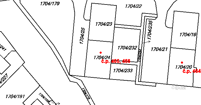 Miřetice u Klášterce nad Ohří 465,466, Klášterec nad Ohří na parcele st. 1704/24 v KÚ Miřetice u Klášterce nad Ohří, Katastrální mapa