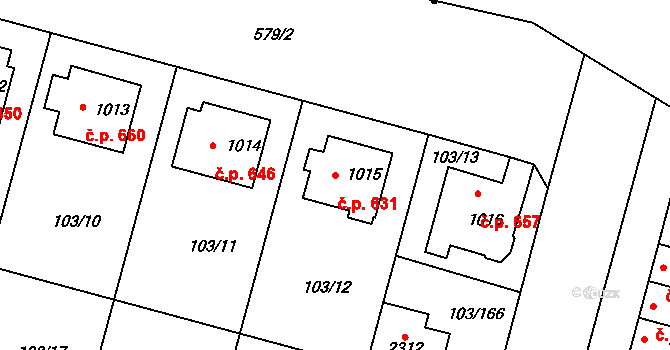 Podklášteří 631, Třebíč na parcele st. 1015 v KÚ Podklášteří, Katastrální mapa
