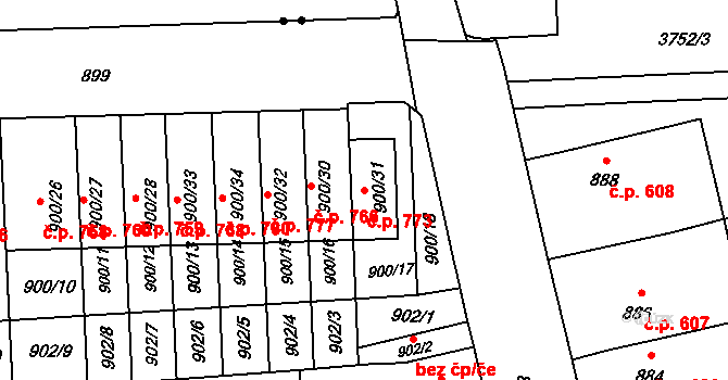 Tuřany 773, Brno na parcele st. 900/31 v KÚ Tuřany, Katastrální mapa