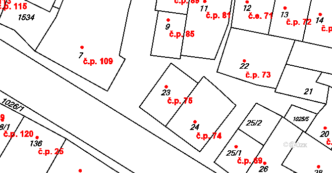 Panenský Týnec 75 na parcele st. 23 v KÚ Panenský Týnec, Katastrální mapa