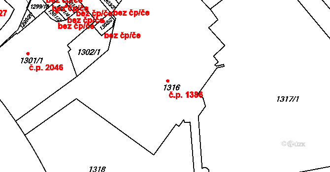 Teplice 1386 na parcele st. 1316 v KÚ Teplice, Katastrální mapa