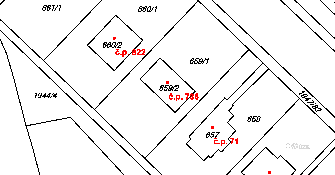 Kamýk 786, Praha na parcele st. 659/2 v KÚ Kamýk, Katastrální mapa