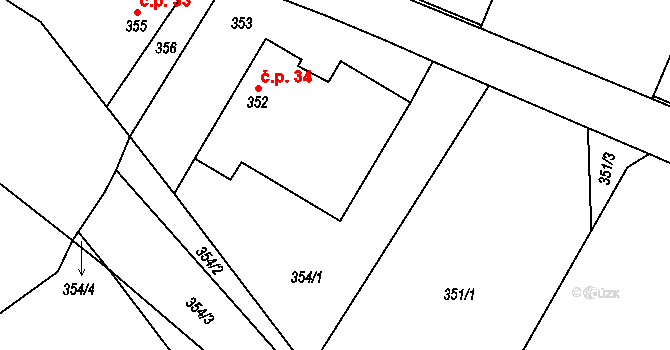 Hrdlořezy 34, Suchdol nad Lužnicí na parcele st. 352 v KÚ Hrdlořezy u Suchdola nad Lužnicí, Katastrální mapa