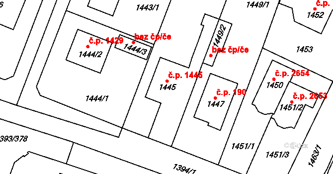 Újezd nad Lesy 1445, Praha 6 na parcele st. 1445 v KÚ Újezd nad Lesy, Katastrální mapa