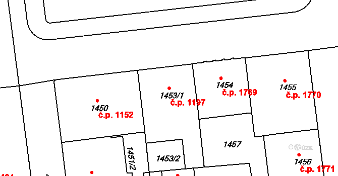 Žižkov 1197, Praha na parcele st. 1453/1 v KÚ Žižkov, Katastrální mapa