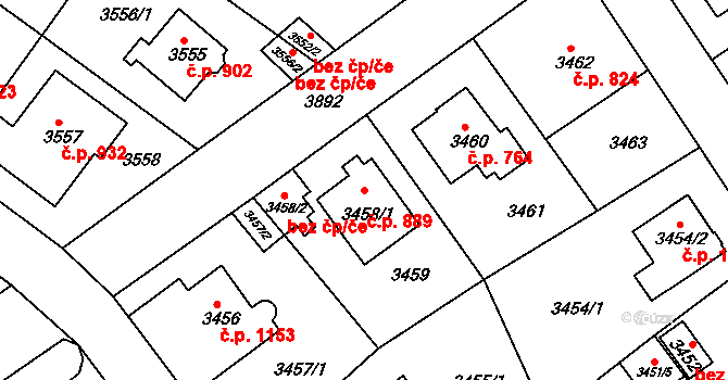 Modřany 889, Praha na parcele st. 3458/1 v KÚ Modřany, Katastrální mapa