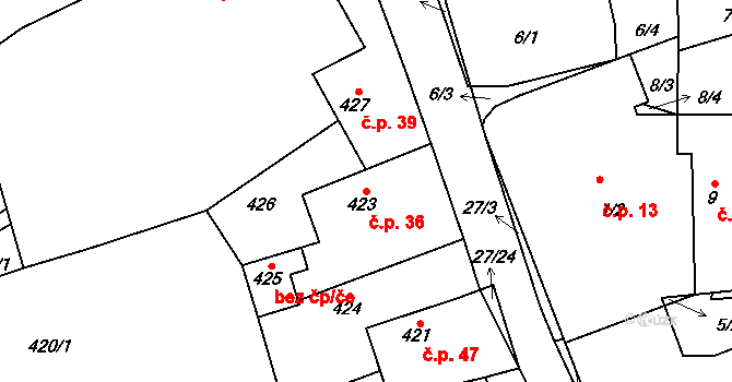Lhota u Příbramě 36 na parcele st. 423 v KÚ Lhota u Příbramě, Katastrální mapa
