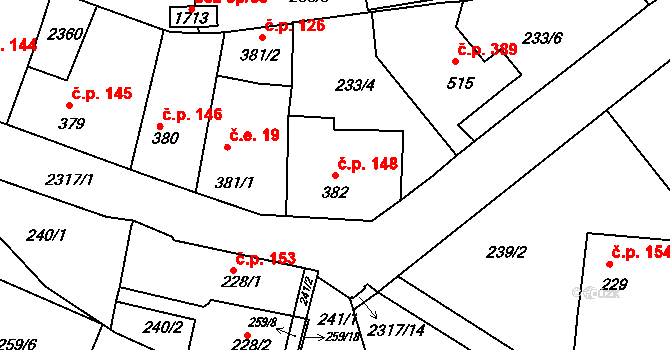 Rožmitál pod Třemšínem 148 na parcele st. 382 v KÚ Rožmitál pod Třemšínem, Katastrální mapa