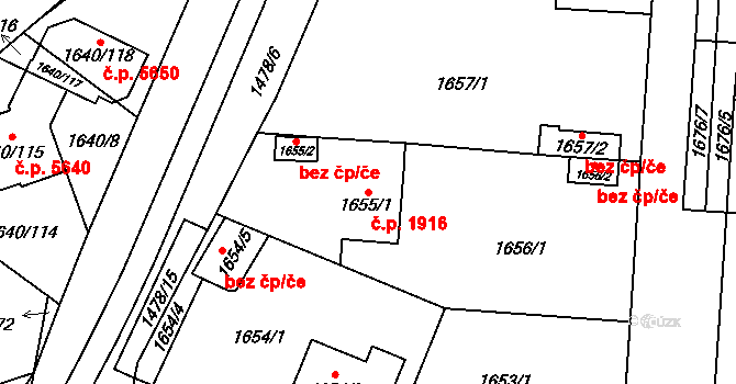 Chomutov 1916 na parcele st. 1655/1 v KÚ Chomutov I, Katastrální mapa