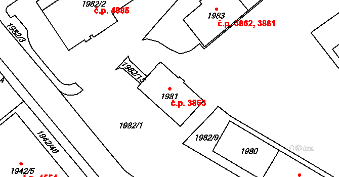 Chomutov 3863 na parcele st. 1981 v KÚ Chomutov I, Katastrální mapa