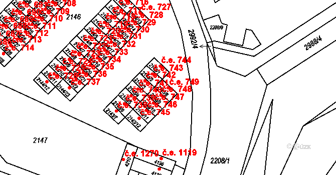 Kuřim 749 na parcele st. 2143/8 v KÚ Kuřim, Katastrální mapa