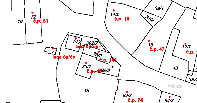 Borek 141, Rokycany na parcele st. 33/2 v KÚ Borek u Rokycan, Katastrální mapa