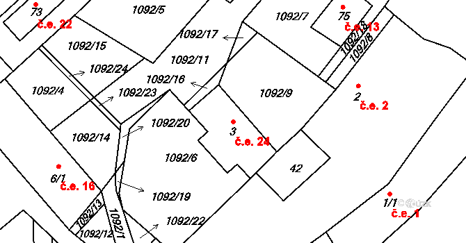 Trnobrany 24, Liběšice na parcele st. 3 v KÚ Trnobrany, Katastrální mapa