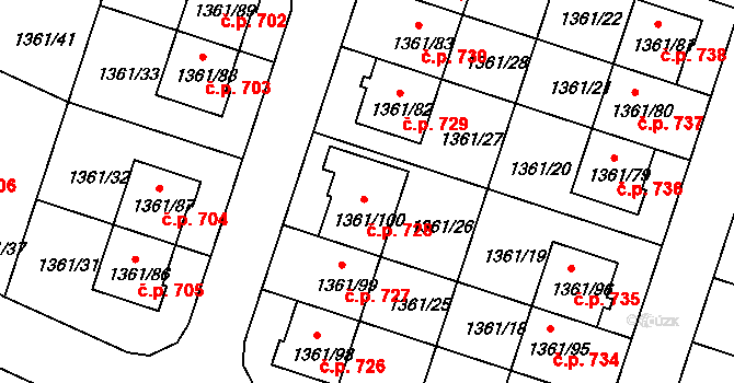 Vinoř 728, Praha na parcele st. 1361/100 v KÚ Vinoř, Katastrální mapa