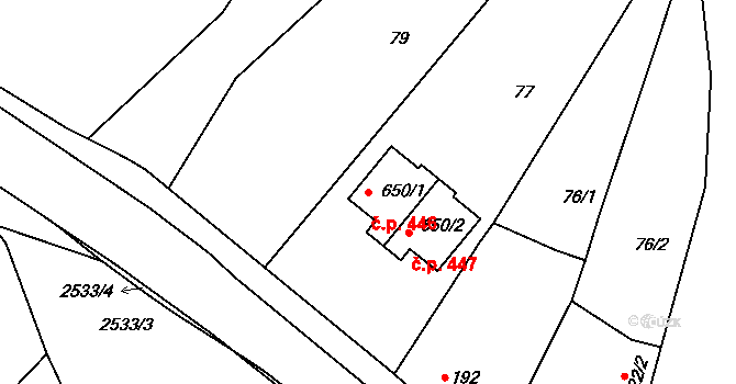 Čebín 446 na parcele st. 650/1 v KÚ Čebín, Katastrální mapa