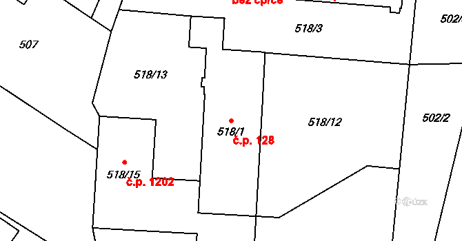 Jablunkov 128 na parcele st. 518/1 v KÚ Jablunkov, Katastrální mapa