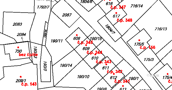 Ryžoviště 344 na parcele st. 609 v KÚ Ryžoviště, Katastrální mapa