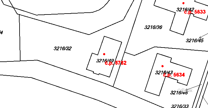Chomutov 5782 na parcele st. 3216/49 v KÚ Chomutov II, Katastrální mapa