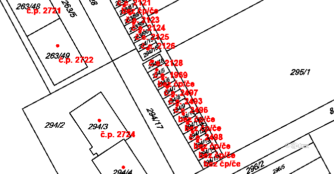 Znojmo 2493 na parcele st. 294/7 v KÚ Znojmo-Louka, Katastrální mapa