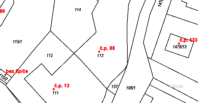 Domanín 85, Bystřice nad Pernštejnem na parcele st. 113 v KÚ Domanín u Bystřice nad Pernštejnem, Katastrální mapa