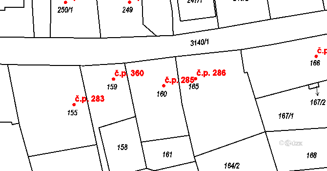 Píšť 285 na parcele st. 160 v KÚ Píšť, Katastrální mapa