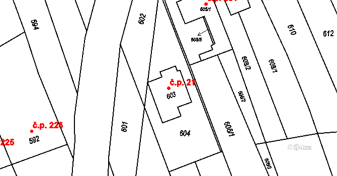 Kobeřice u Brna 21 na parcele st. 603 v KÚ Kobeřice u Brna, Katastrální mapa