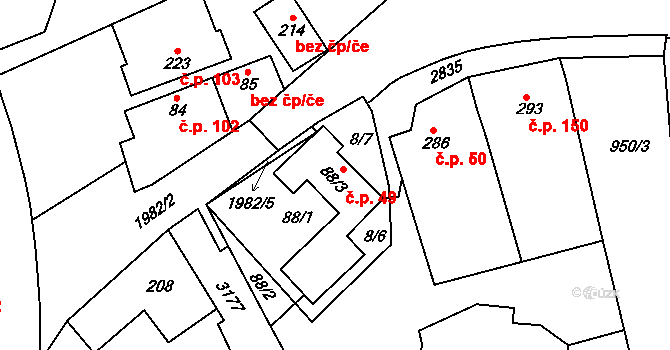 Pašovice 49 na parcele st. 88/3 v KÚ Pašovice na Moravě, Katastrální mapa