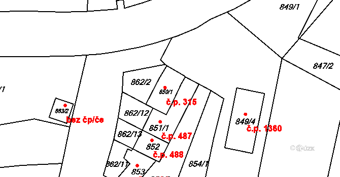 Hulín 315 na parcele st. 850/1 v KÚ Hulín, Katastrální mapa